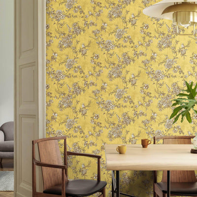 Yellow Elegant Chinoiserie Blossom Floral Wallpaper, Animal Print Birds Flowers Botanical Pattern - Walloro High End Wallcoverings & More