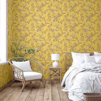 Yellow Elegant Chinoiserie Blossom Floral Wallpaper, Animal Print Birds Flowers Botanical Pattern - Walloro High End Wallcoverings & More